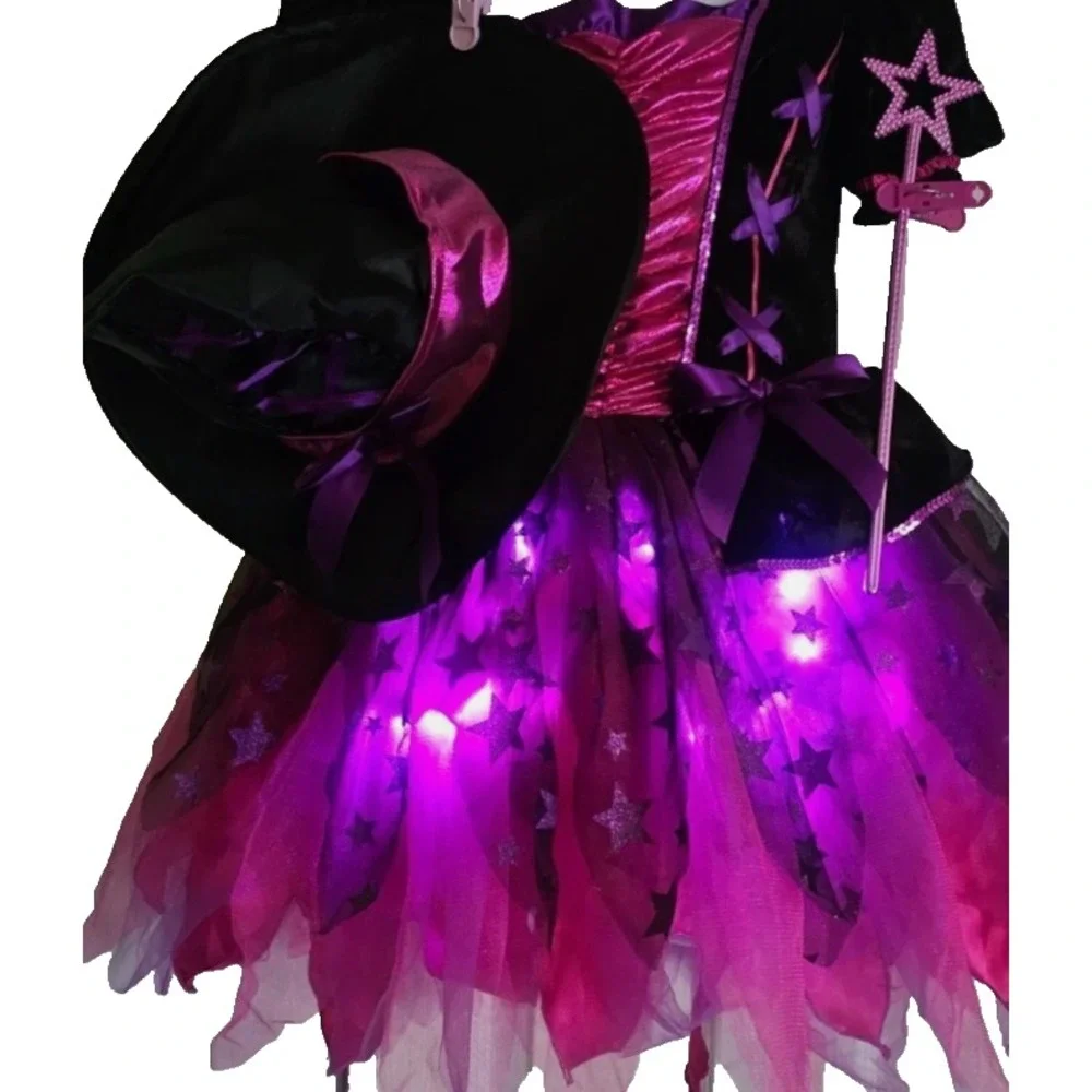 Toddler Girls Cute Sparkle Witch Halloween Costume Light Up Dress Hat Wand 3-4T